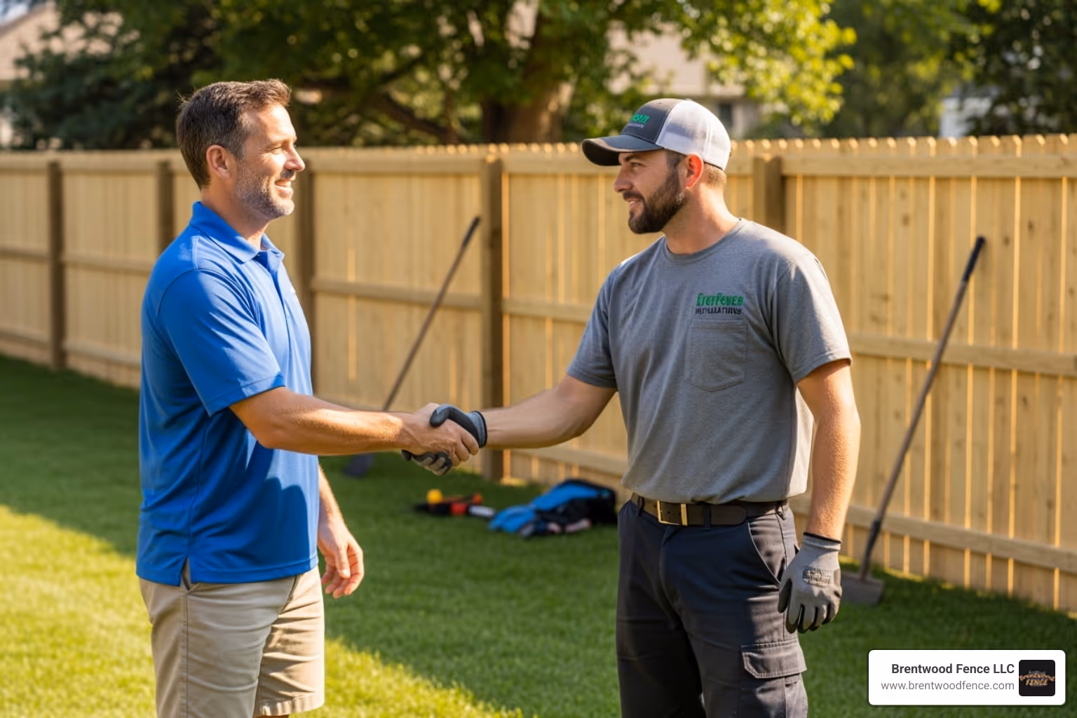 A homeowner shaking hands with a professional fence installer. - local fencing company