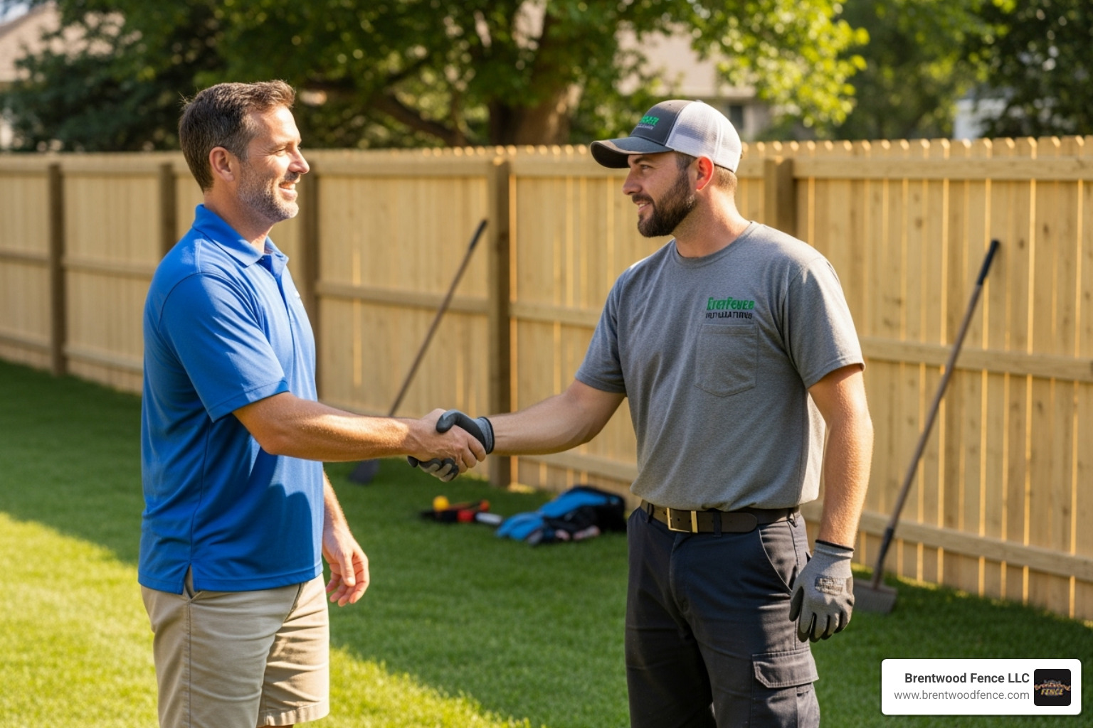 A homeowner shaking hands with a professional fence installer. - local fencing company