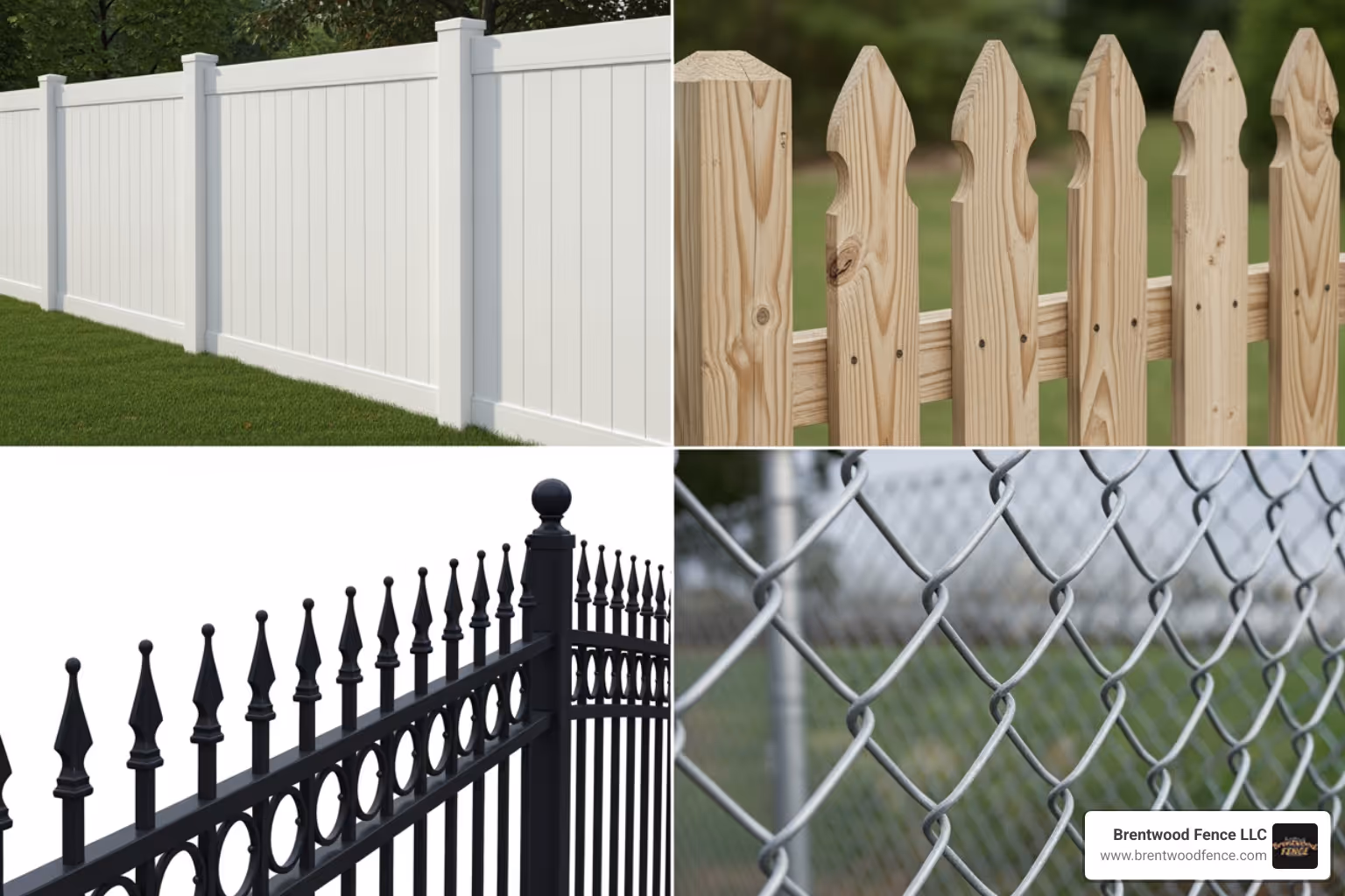 A collage showing different fence materials like vinyl, wood, aluminum, and chain-link. - local fencing company