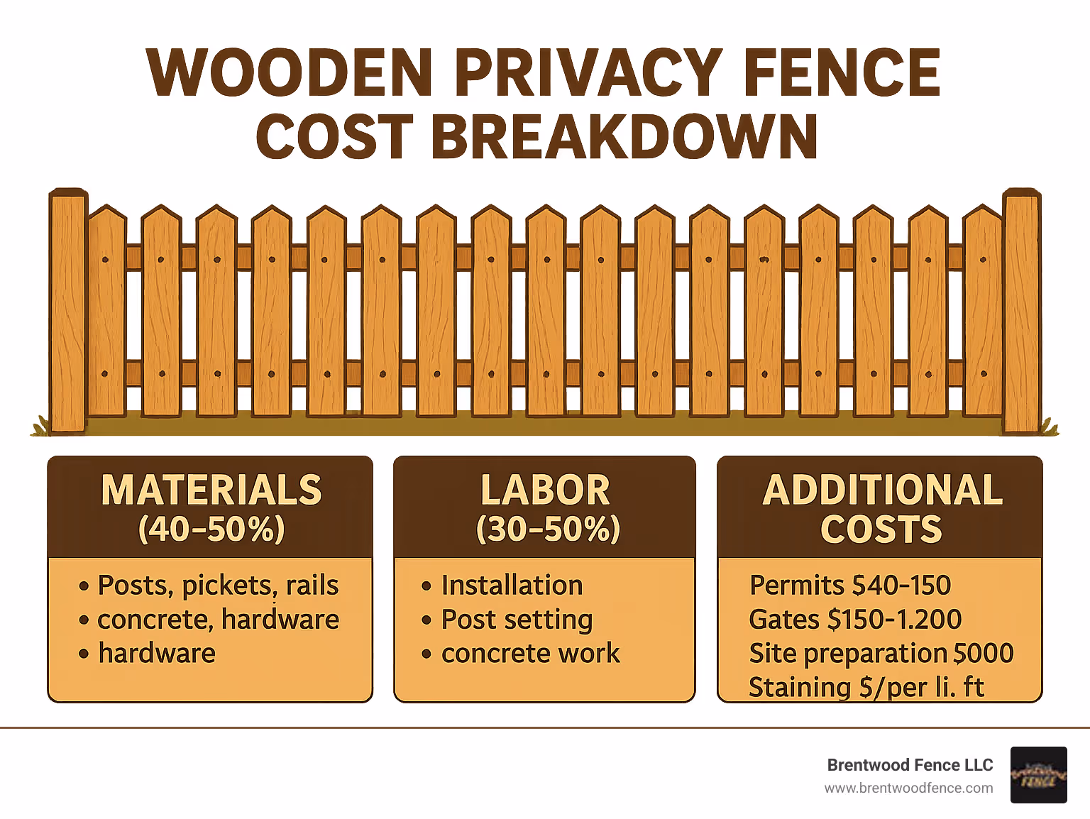 Infographic showing wooden privacy fence cost breakdown with three main categories: Materials (40-50% of total cost including posts, pickets, rails, concrete, hardware), Labor (30-50% of total cost including installation, post setting, concrete work), and Additional Costs (permits $40-150, gates $150-1200, site preparation $500-3000, staining $2-14 per linear foot) - cost of wooden privacy fence infographic Infographic showing wooden privacy fence cost breakdown with three main categories: Materials (40-50% of total cost including posts, pickets, rails, concrete, hardware), Labor (30-50% of total cost including installation, post setting, concrete work), and Additional Costs (permits $40-150, gates $150-1200, site preparation $500-3000, staining $2-14 per linear foot) - cost of wooden privacy fence infographic