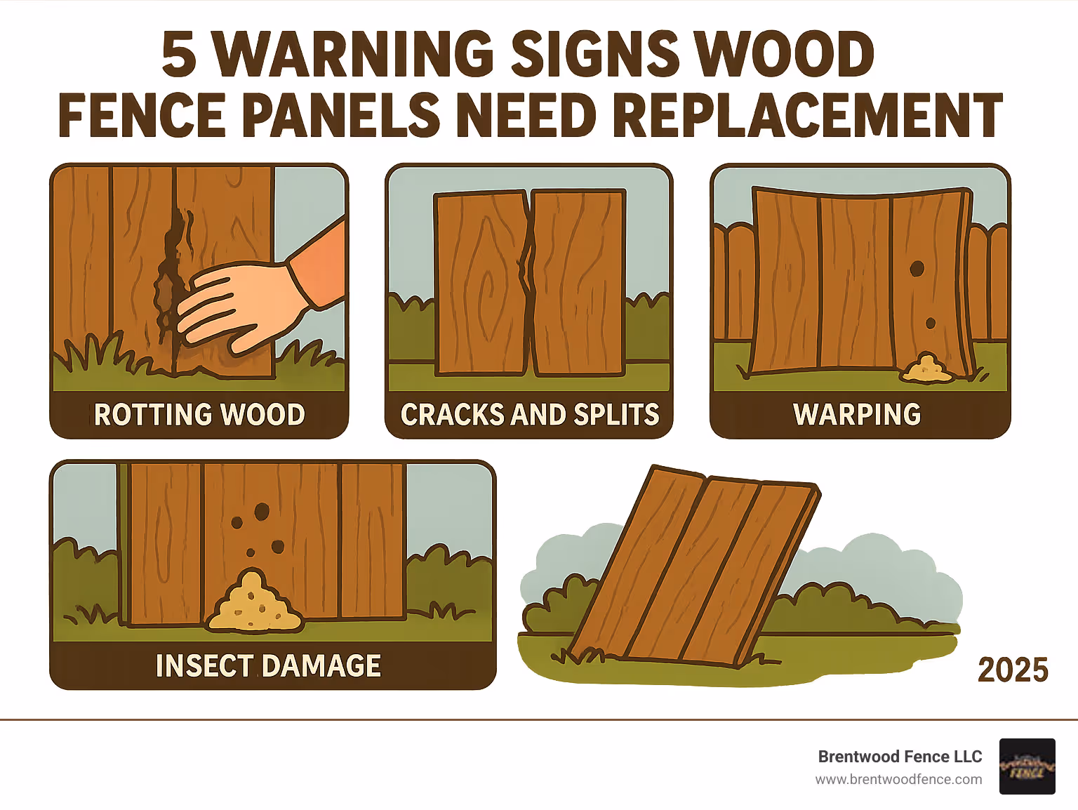 Infographic showing the 5 key warning signs that wood fence panels need replacement: rotting wood that crumbles when tested, visible cracks and splits in boards, warped or bowed panels, insect holes with frass debris, and leaning or unstable fence sections - replacing wood fence panels infographic Infographic showing the 5 key warning signs that wood fence panels need replacement: rotting wood that crumbles when tested, visible cracks and splits in boards, warped or bowed panels, insect holes with frass debris, and leaning or unstable fence sections - replacing wood fence panels infographic