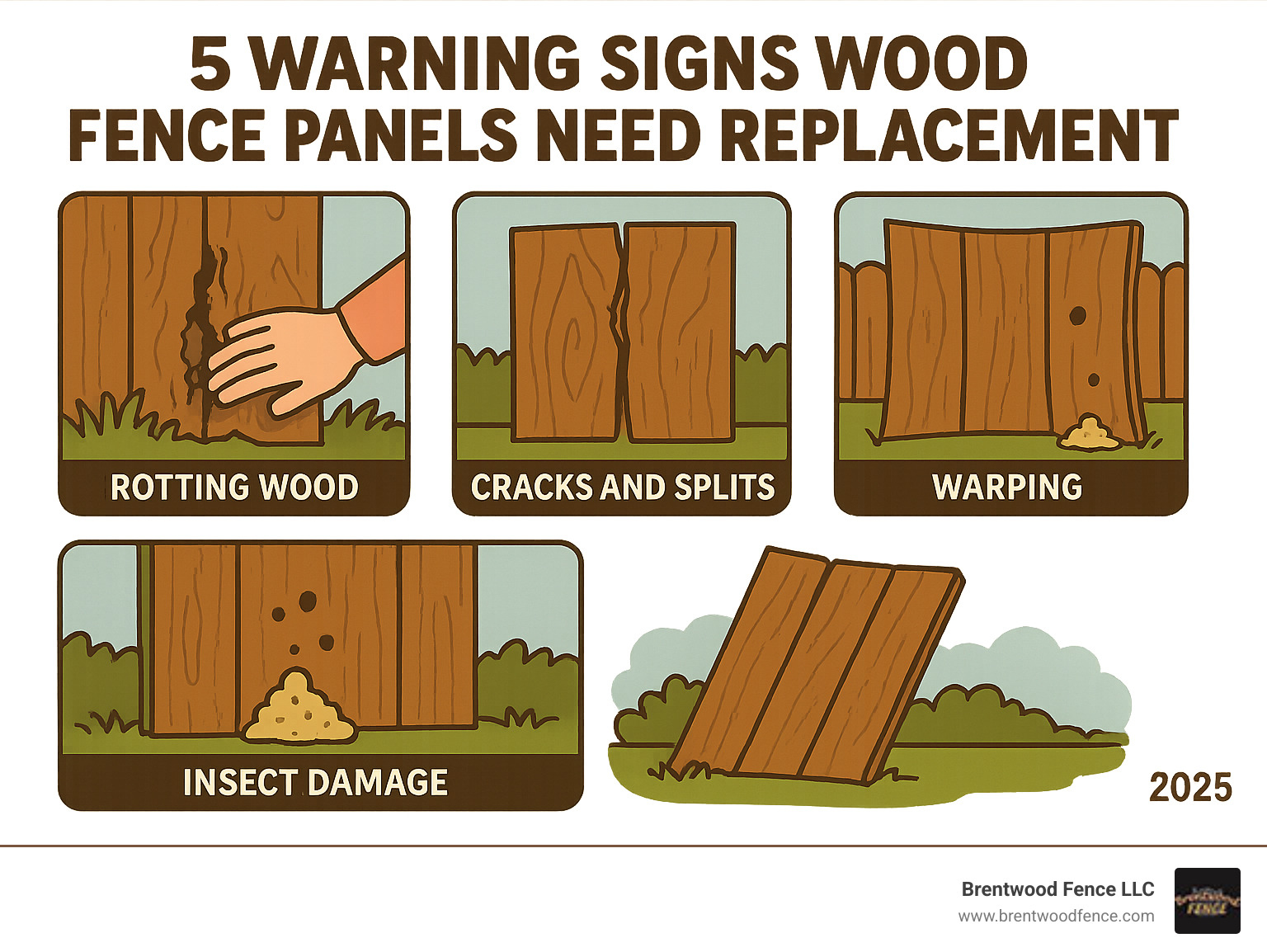 Infographic showing the 5 key warning signs that wood fence panels need replacement: rotting wood that crumbles when tested, visible cracks and splits in boards, warped or bowed panels, insect holes with frass debris, and leaning or unstable fence sections - replacing wood fence panels infographic  Infographic showing the 5 key warning signs that wood fence panels need replacement: rotting wood that crumbles when tested, visible cracks and splits in boards, warped or bowed panels, insect holes with frass debris, and leaning or unstable fence sections - replacing wood fence panels infographic