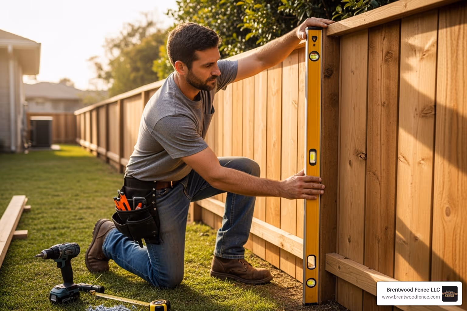 Professional fence installer using a level to align a new wood panel - replacing wood fence panels Professional fence installer using a level to align a new wood panel - replacing wood fence panels
