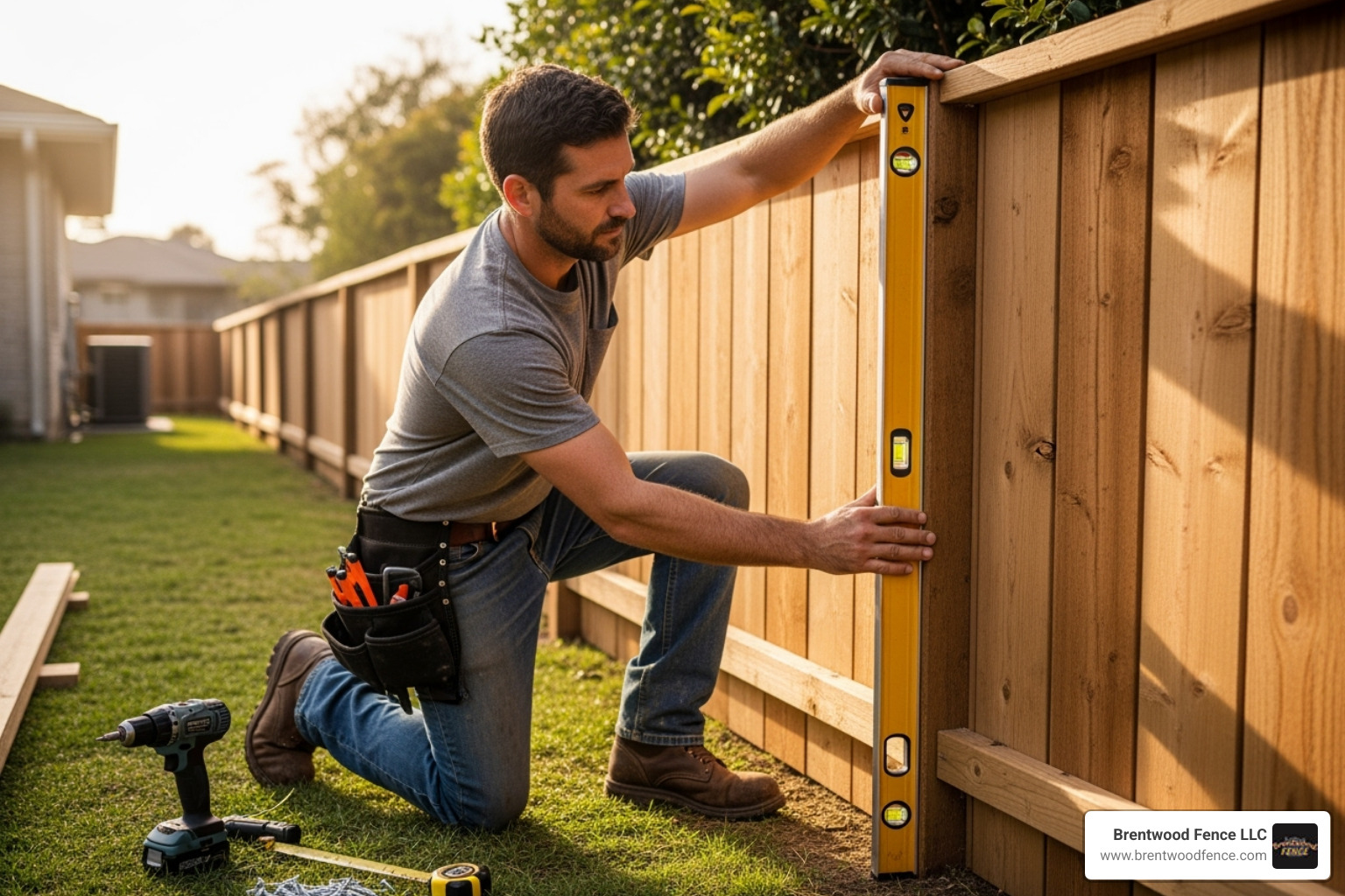 Professional fence installer using a level to align a new wood panel - replacing wood fence panels Professional fence installer using a level to align a new wood panel - replacing wood fence panels