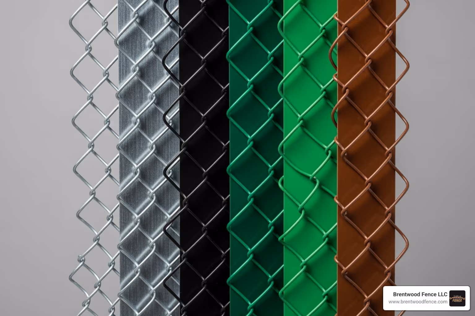 An image showcasing swatches or sections of chain link gates in different colors: traditional galvanized silver, black vinyl-coated, green vinyl-coated, and brown vinyl-coated. - chain link gates near me An image showcasing swatches or sections of chain link gates in different colors: traditional galvanized silver, black vinyl-coated, green vinyl-coated, and brown vinyl-coated. - chain link gates near me
