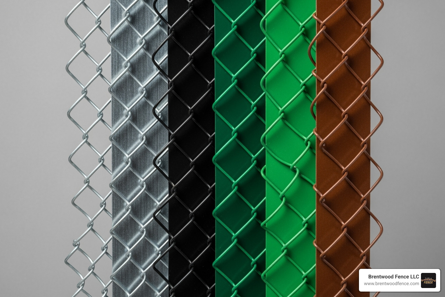 An image showcasing swatches or sections of chain link gates in different colors: traditional galvanized silver, black vinyl-coated, green vinyl-coated, and brown vinyl-coated. - chain link gates near me An image showcasing swatches or sections of chain link gates in different colors: traditional galvanized silver, black vinyl-coated, green vinyl-coated, and brown vinyl-coated. - chain link gates near me