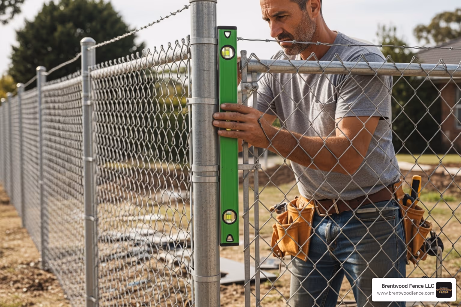 A professional fence installer precisely leveling a newly installed chain link gate, ensuring perfect alignment and smooth operation. - chain link gates near me A professional fence installer precisely leveling a newly installed chain link gate, ensuring perfect alignment and smooth operation. - chain link gates near me