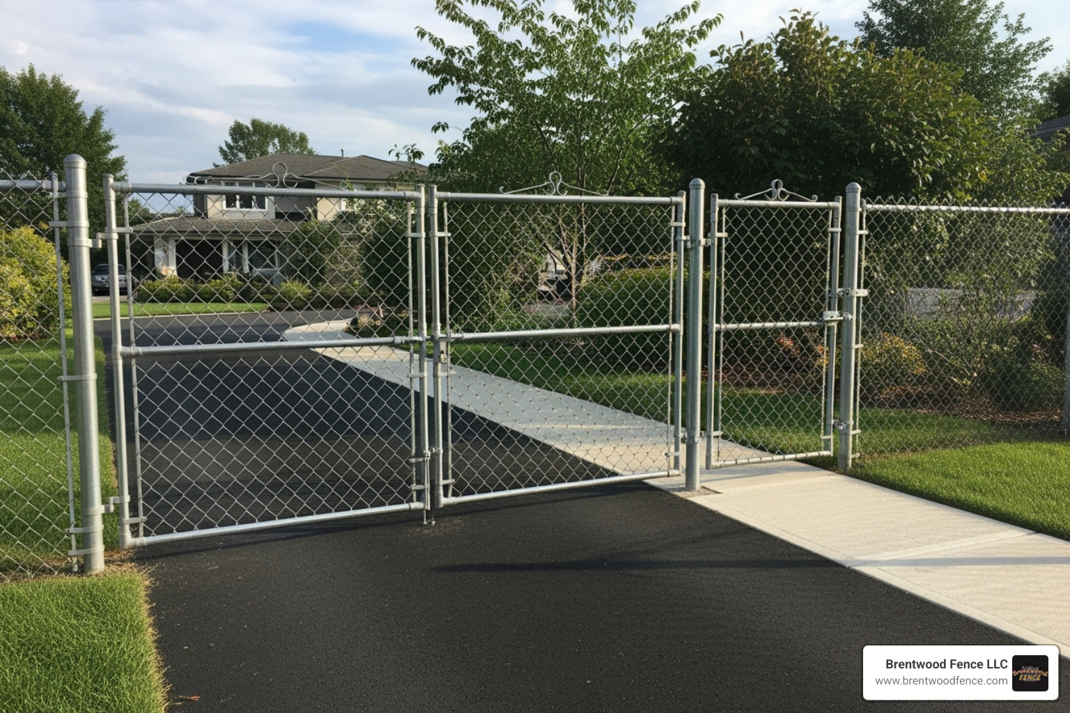 A side-by-side image showing a double-swing driveway gate and a separate, smaller walk-through gate on the same property, highlighting different access points. - chain link gates near me A side-by-side image showing a double-swing driveway gate and a separate, smaller walk-through gate on the same property, highlighting different access points. - chain link gates near me