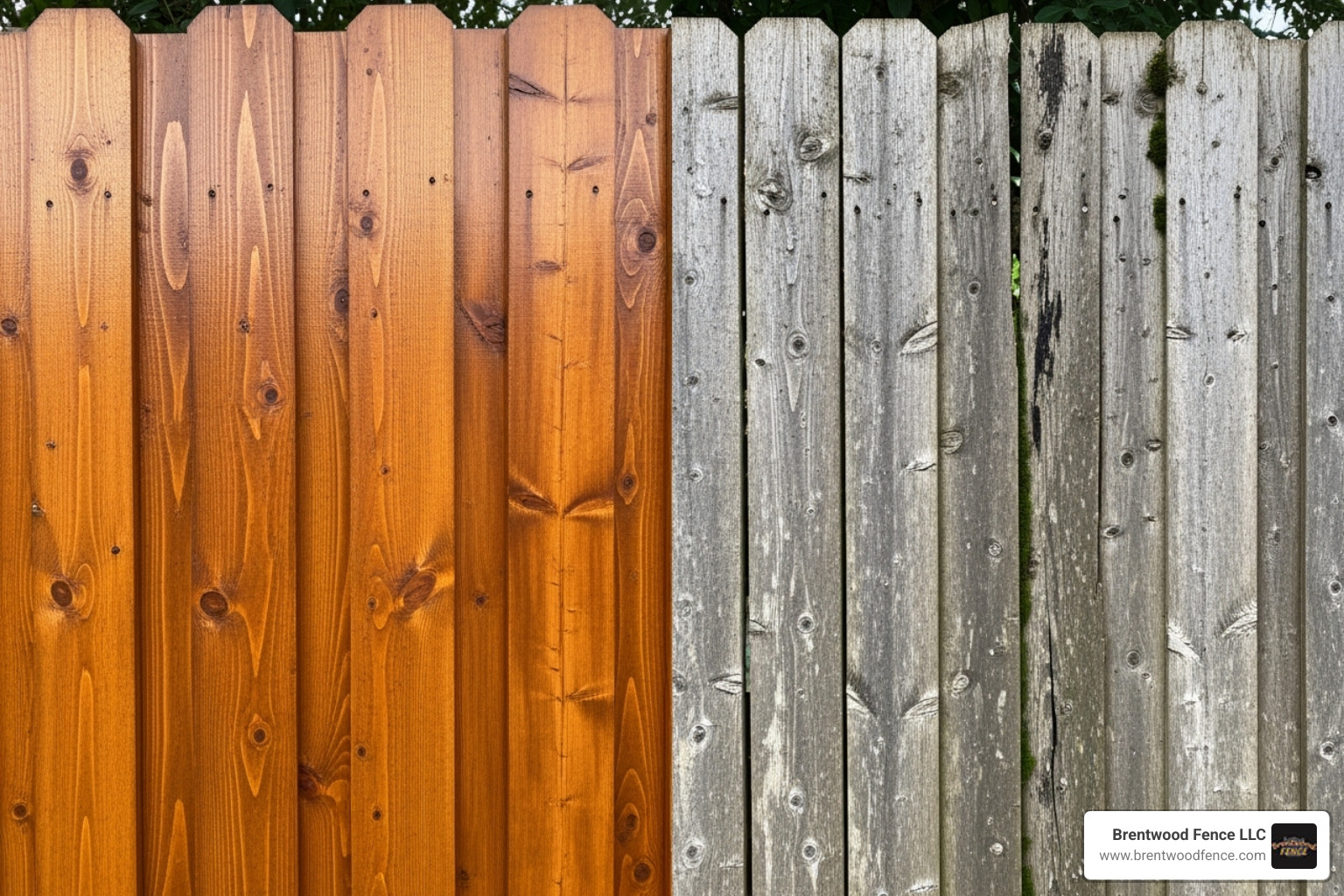 Image comparing a freshly stained fence to a weathered, unmaintained one, showing the stark difference in appearance and protection. - wooden fence
