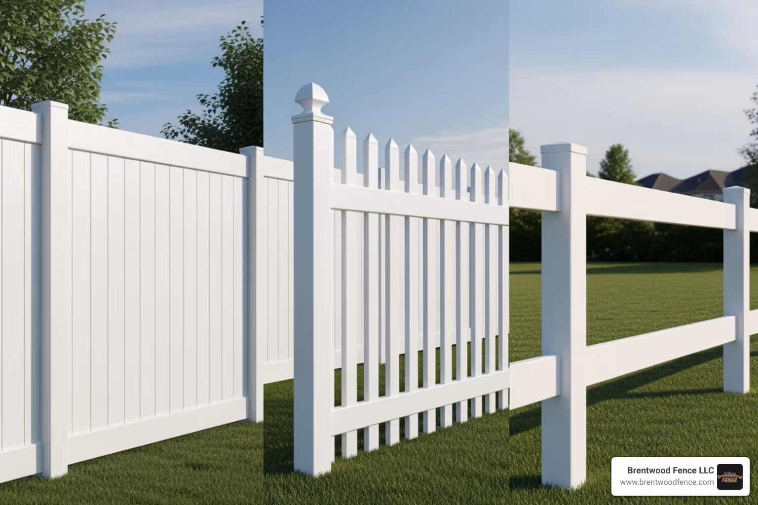 three different vinyl fence styles (privacy, picket, post-and-rail) side-by-side - vinyl fence price estimator three different vinyl fence styles (privacy, picket, post-and-rail) side-by-side - vinyl fence price estimator