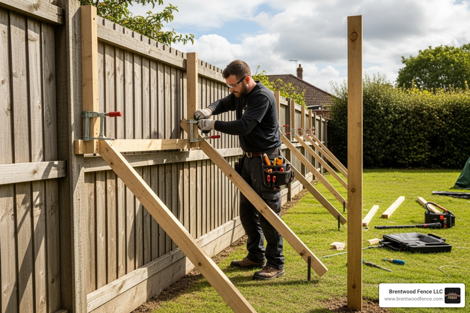 professional using temporary braces to support fence panels while working - replacing a wooden fence post professional using temporary braces to support fence panels while working - replacing a wooden fence post
