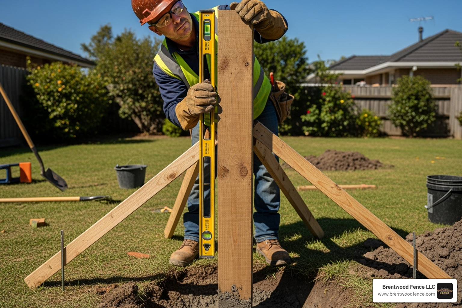 professional using a 4-foot level to ensure a new post is perfectly plumb - replacing a wooden fence post professional using a 4-foot level to ensure a new post is perfectly plumb - replacing a wooden fence post