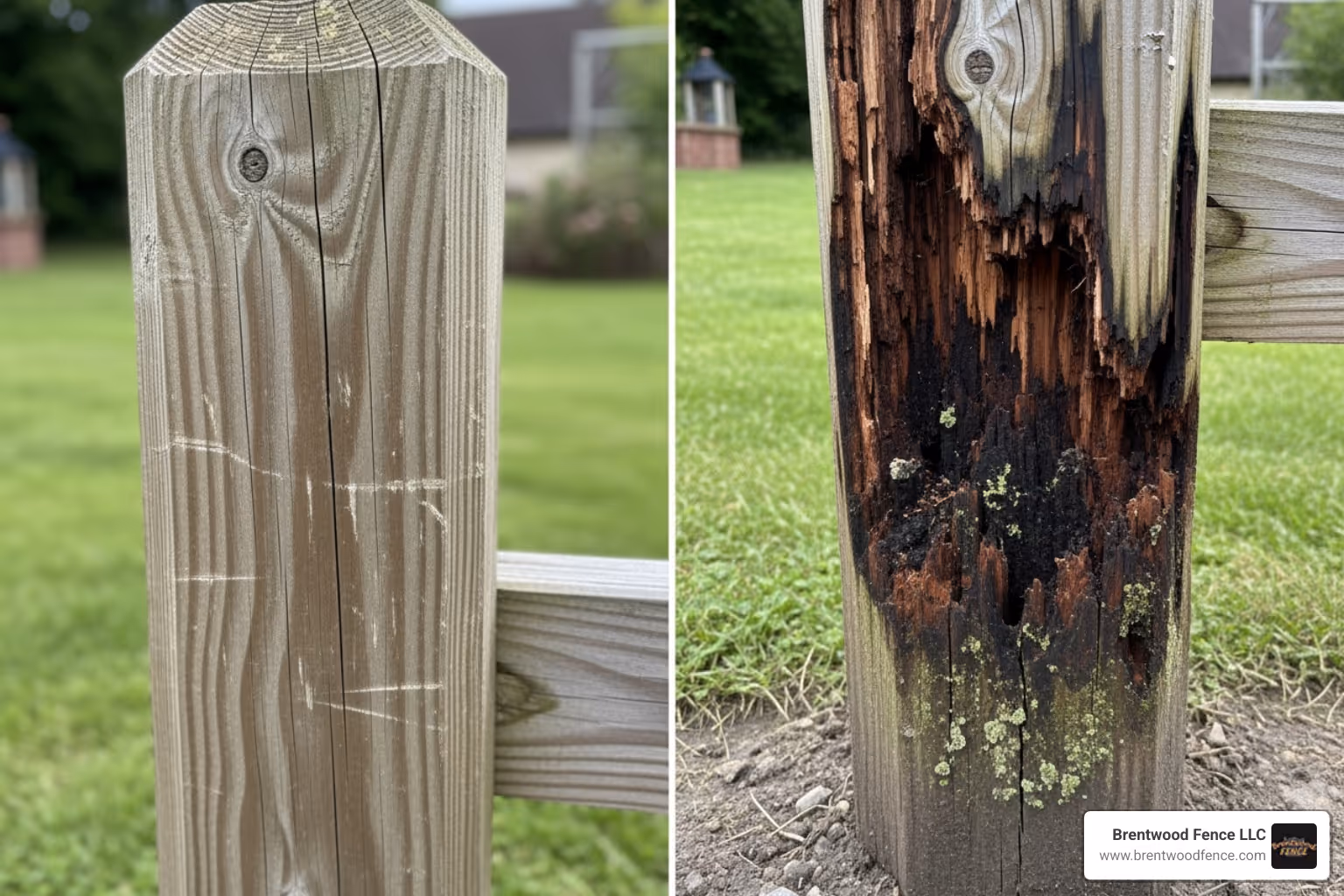 side-by-side comparison of a post with minor cracks (repairable) versus a post with severe rot at the base (needs replacement) - replacing a wooden fence post side-by-side comparison of a post with minor cracks (repairable) versus a post with severe rot at the base (needs replacement) - replacing a wooden fence post
