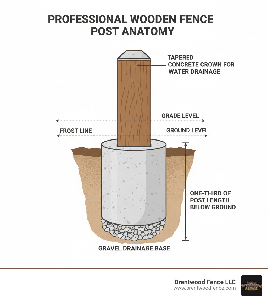 Infographic showing the anatomy of a professionally installed wooden fence post with labeled components: tapered concrete crown for water drainage, pressure-treated wooden post, concrete footing extending below frost line, gravel drainage base at bottom of hole, and proper depth measurements showing one-third of post length buried underground - replacing a wooden fence post infographic  Infographic showing the anatomy of a professionally installed wooden fence post with labeled components: tapered concrete crown for water drainage, pressure-treated wooden post, concrete footing extending below frost line, gravel drainage base at bottom of hole, and proper depth measurements showing one-third of post length buried underground - replacing a wooden fence post infographic