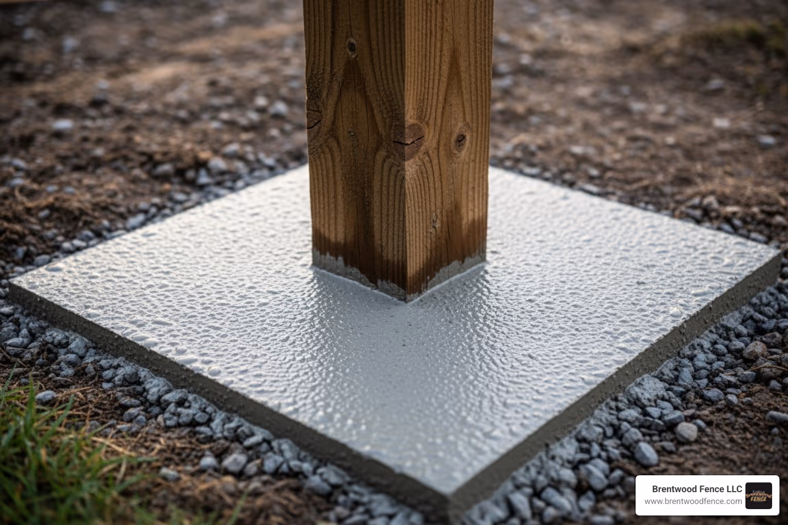 freshly poured concrete around a fence post, with a sloped top for water runoff - replacing a wooden fence post freshly poured concrete around a fence post, with a sloped top for water runoff - replacing a wooden fence post