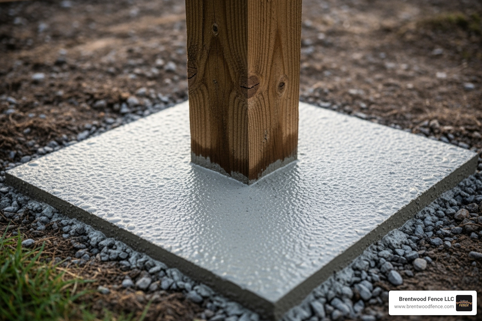 freshly poured concrete around a fence post, with a sloped top for water runoff - replacing a wooden fence post freshly poured concrete around a fence post, with a sloped top for water runoff - replacing a wooden fence post