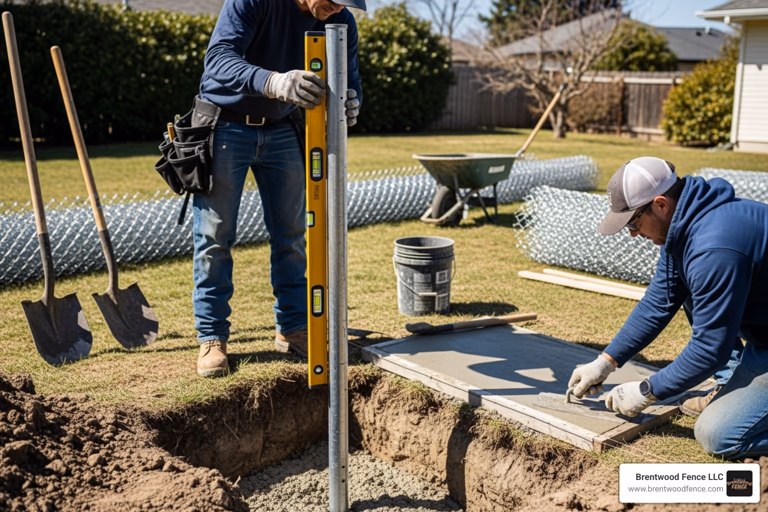 fence installation crew setting a corner post in concrete - chain link fence 6ft tall