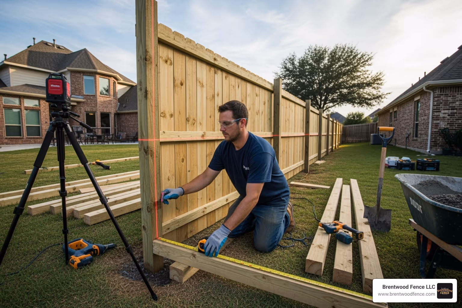 a professional installer using specialized equipment to ensure a level fence line - wood fence installation company