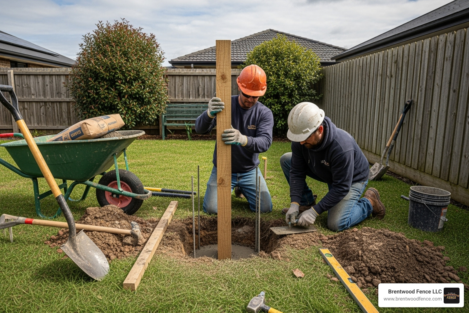 installers setting a fence post in concrete - wood fence installation company installers setting a fence post in concrete - wood fence installation company