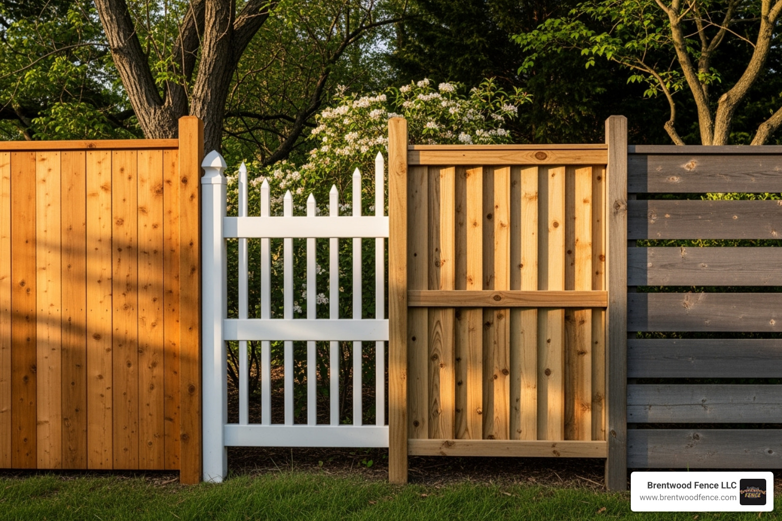 Different wood fence styles side-by-side - wood fence installation company Different wood fence styles side-by-side - wood fence installation company