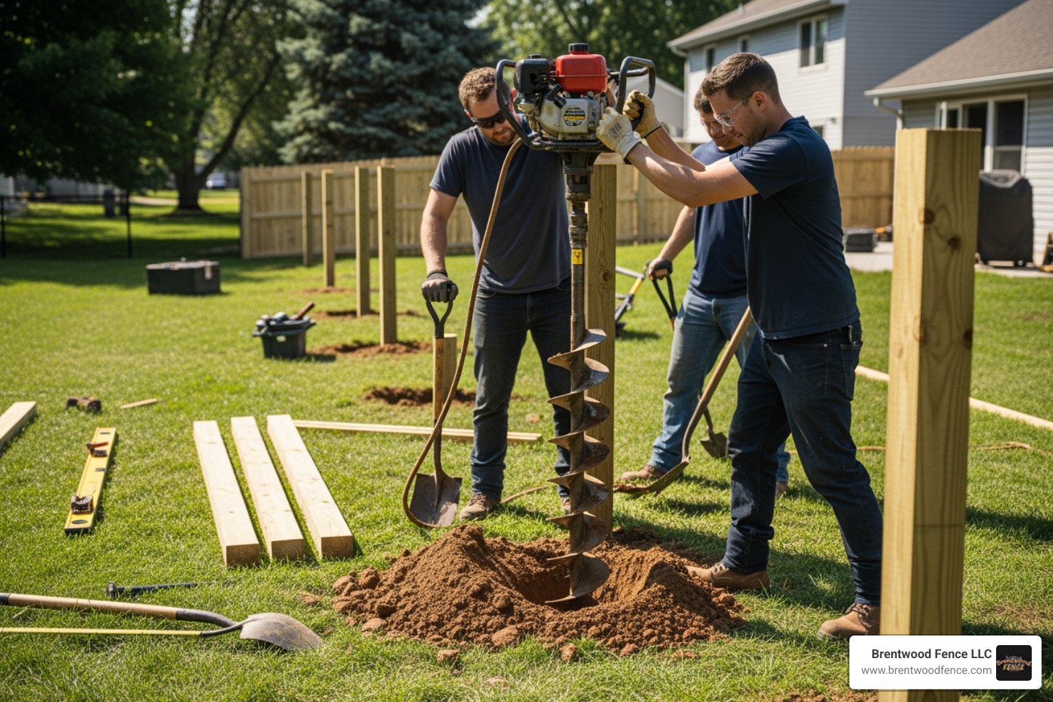 Professional fence installers using an auger to dig post holes - wooden privacy fence installation Professional fence installers using an auger to dig post holes - wooden privacy fence installation