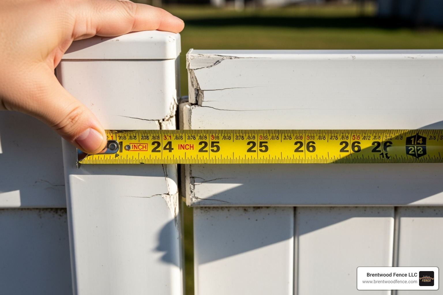 Measuring tape next to a damaged fence section - pvc fence repair price Measuring tape next to a damaged fence section - pvc fence repair price