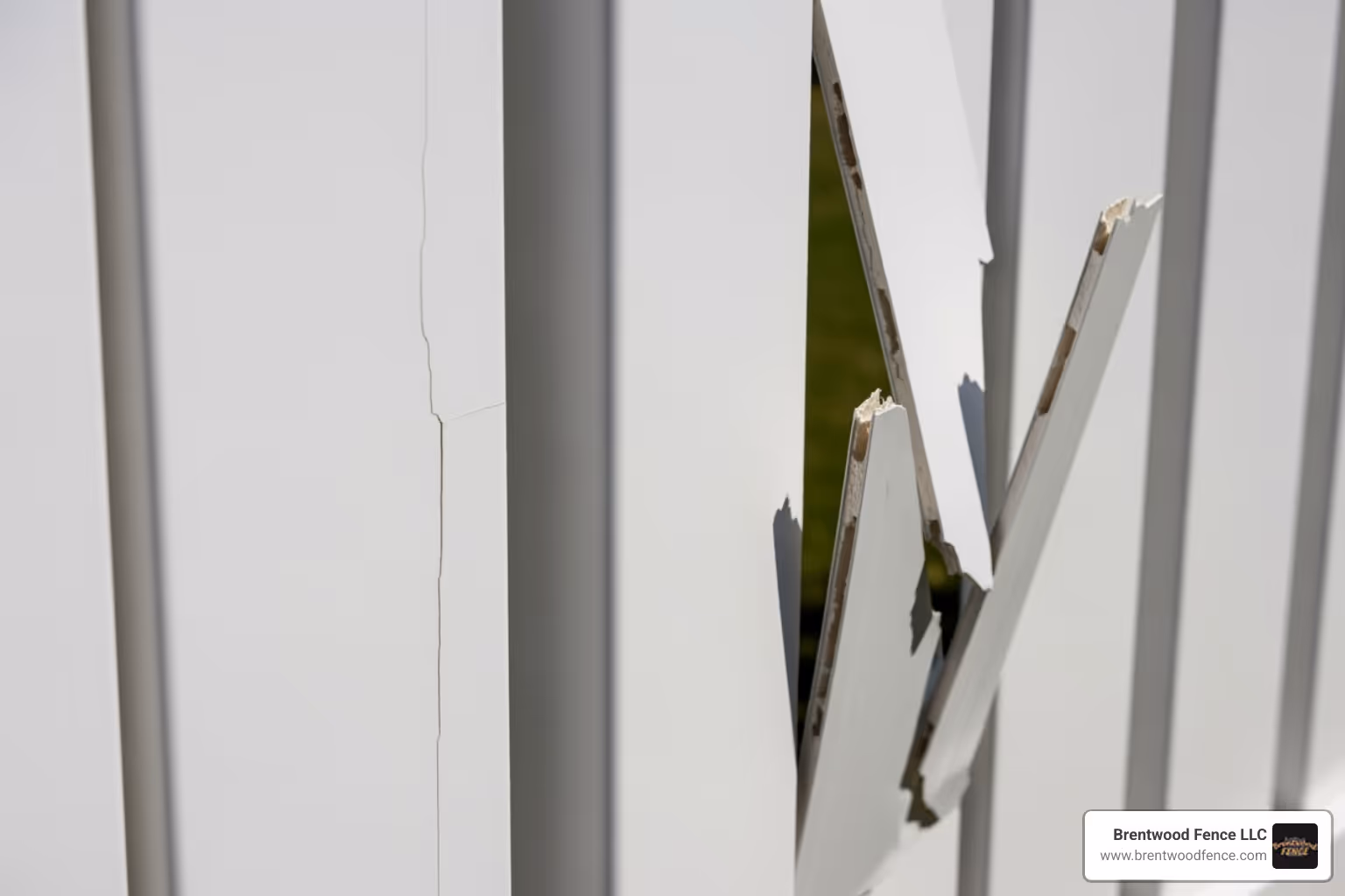 Small crack in a vinyl fence panel contrasted with a completely broken panel - pvc fence repair price