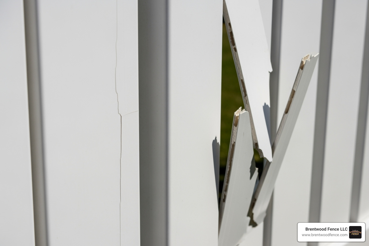 Small crack in a vinyl fence panel contrasted with a completely broken panel - pvc fence repair price Small crack in a vinyl fence panel contrasted with a completely broken panel - pvc fence repair price