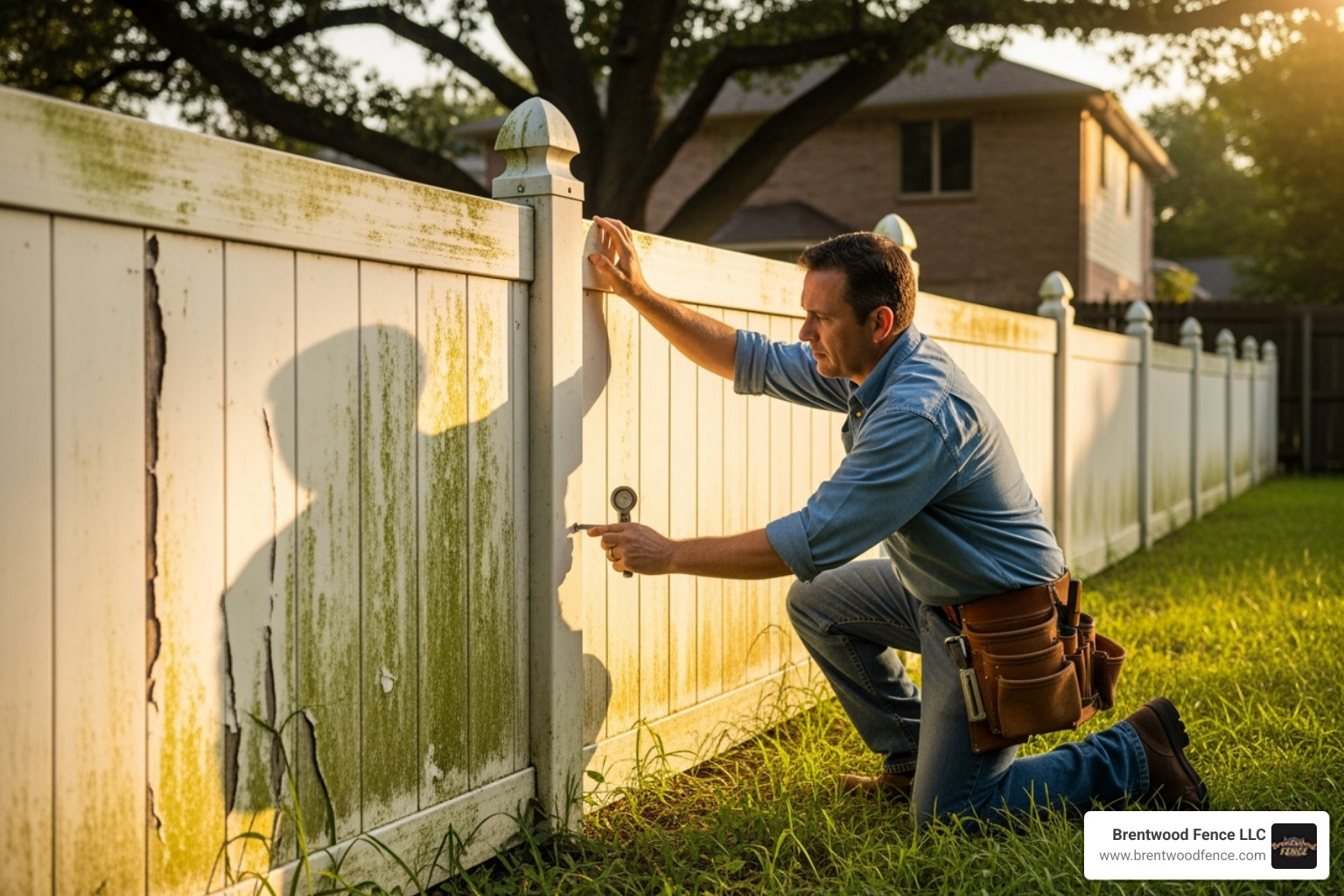 Professional fence contractor inspecting an old, weathered vinyl fence - pvc fence repair price Professional fence contractor inspecting an old, weathered vinyl fence - pvc fence repair price