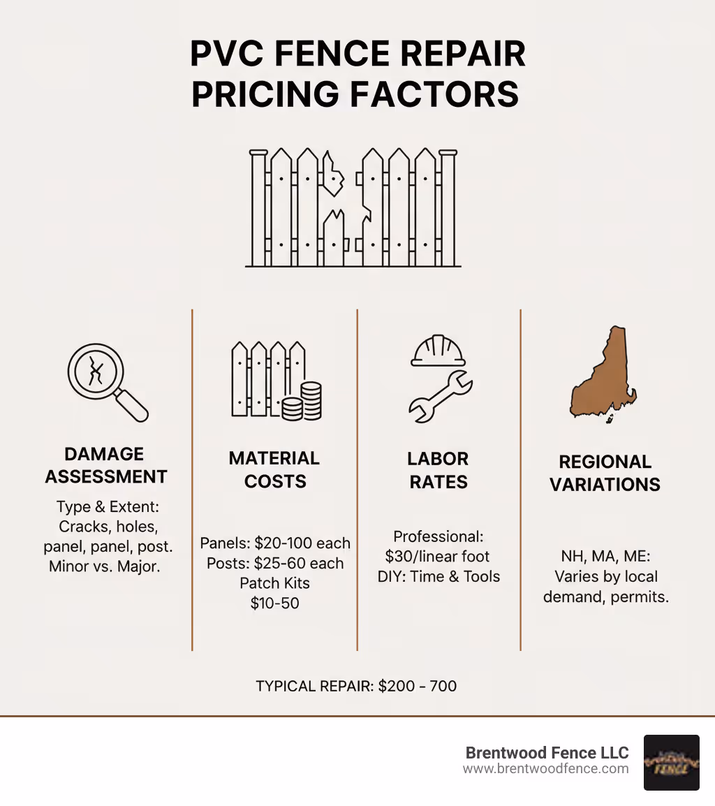 Comprehensive breakdown of PVC fence repair pricing factors including damage assessment, material costs, labor rates, and regional variations across New Hampshire, Massachusetts, and Maine - pvc fence repair price infographic 
