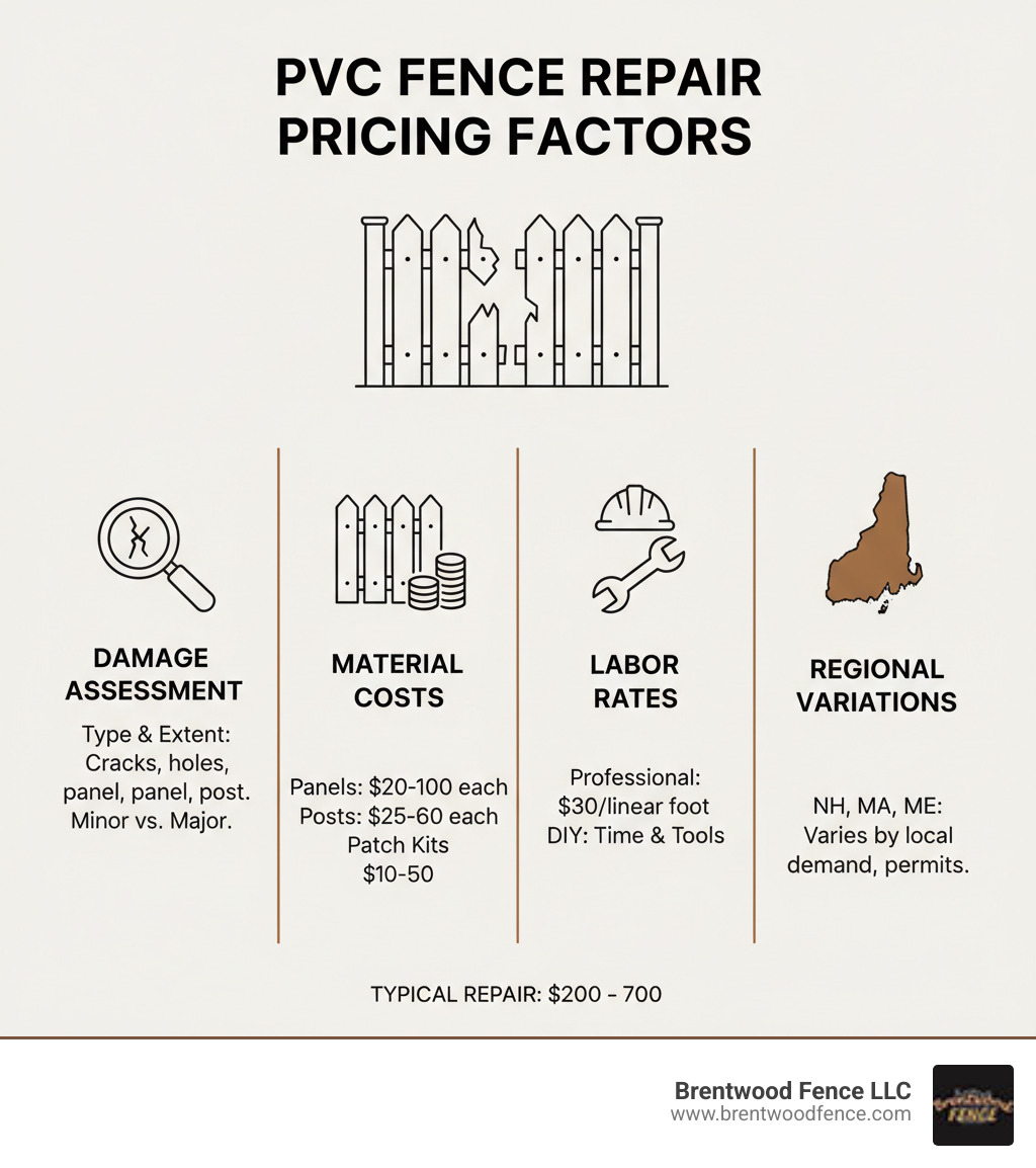 Comprehensive breakdown of PVC fence repair pricing factors including damage assessment, material costs, labor rates, and regional variations across New Hampshire, Massachusetts, and Maine - pvc fence repair price infographic Comprehensive breakdown of PVC fence repair pricing factors including damage assessment, material costs, labor rates, and regional variations across New Hampshire, Massachusetts, and Maine - pvc fence repair price infographic