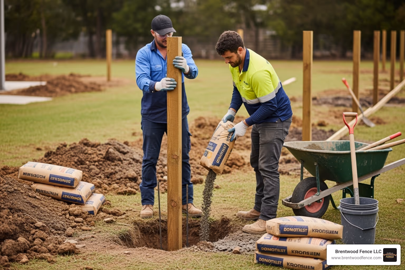 professional fence installers setting a new fence post in concrete - replacing wooden fence professional fence installers setting a new fence post in concrete - replacing wooden fence