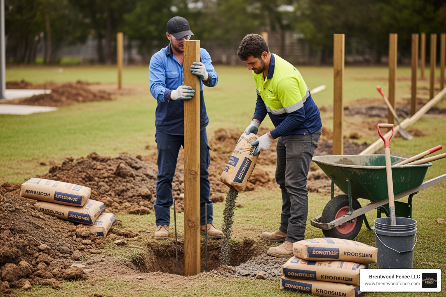 professional fence installers setting a new fence post in concrete - replacing wooden fence professional fence installers setting a new fence post in concrete - replacing wooden fence