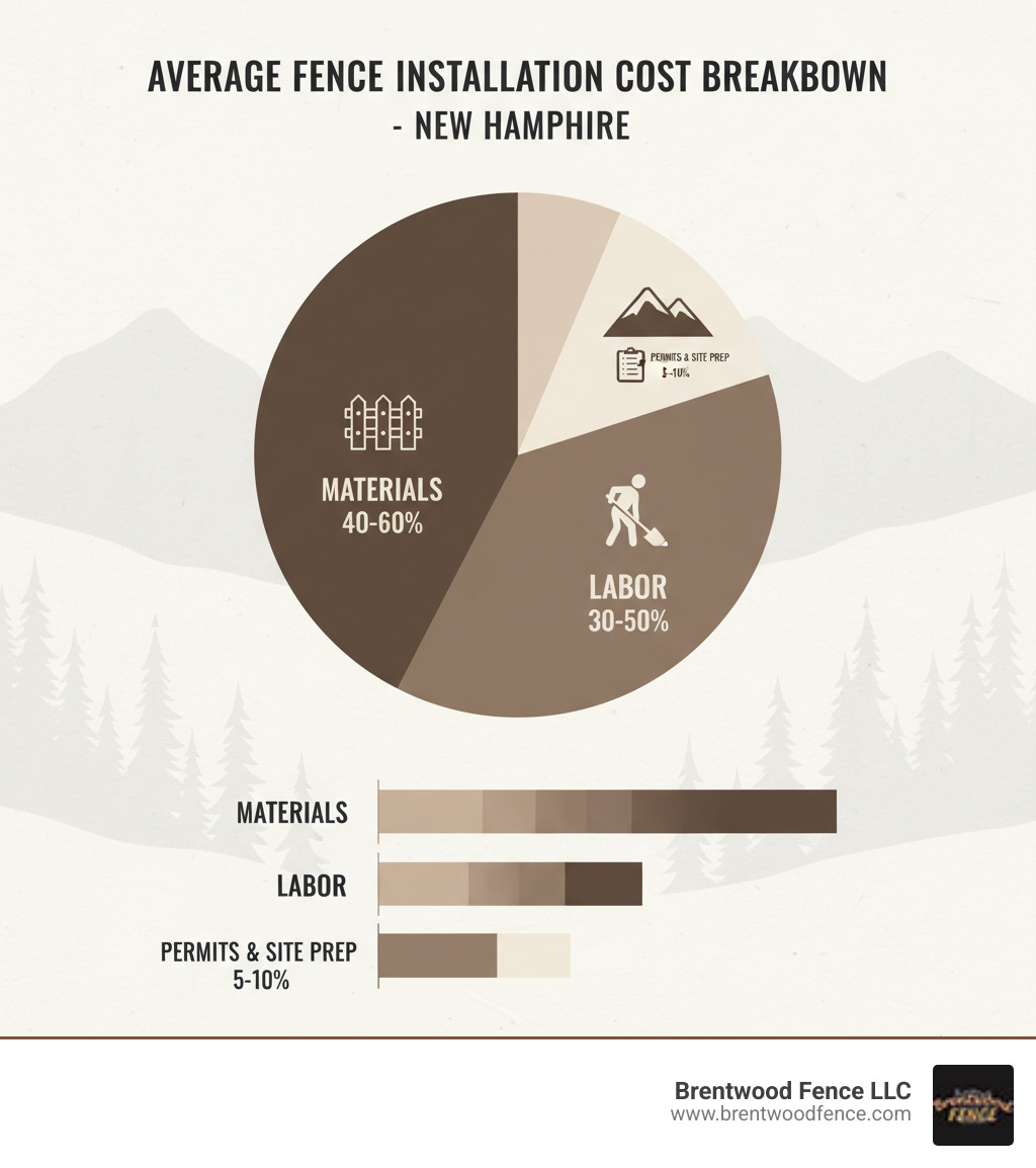 Infographic showing average cost breakdown for fence installation in New Hampshire, including material costs (40-60%), labor (30-50%), and permits/site prep (5-10%). - fence companies in nh infographic Infographic showing average cost breakdown for fence installation in New Hampshire, including material costs (40-60%), labor (30-50%), and permits/site prep (5-10%). - fence companies in nh infographic
