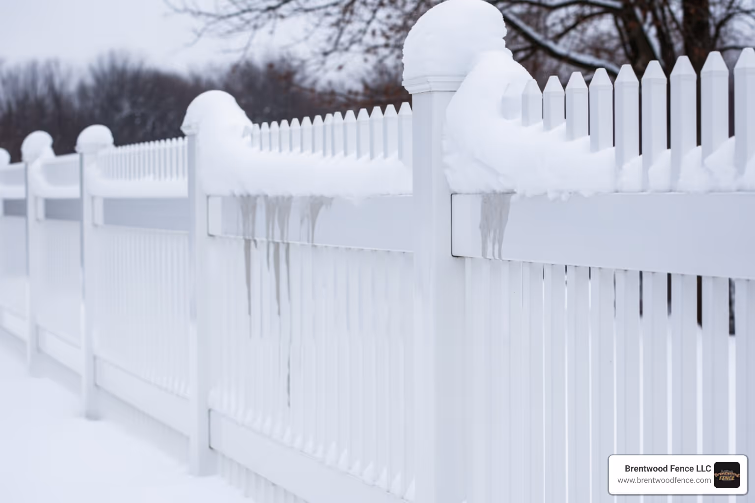 durable white vinyl fence partially covered in snow - fence companies in nh