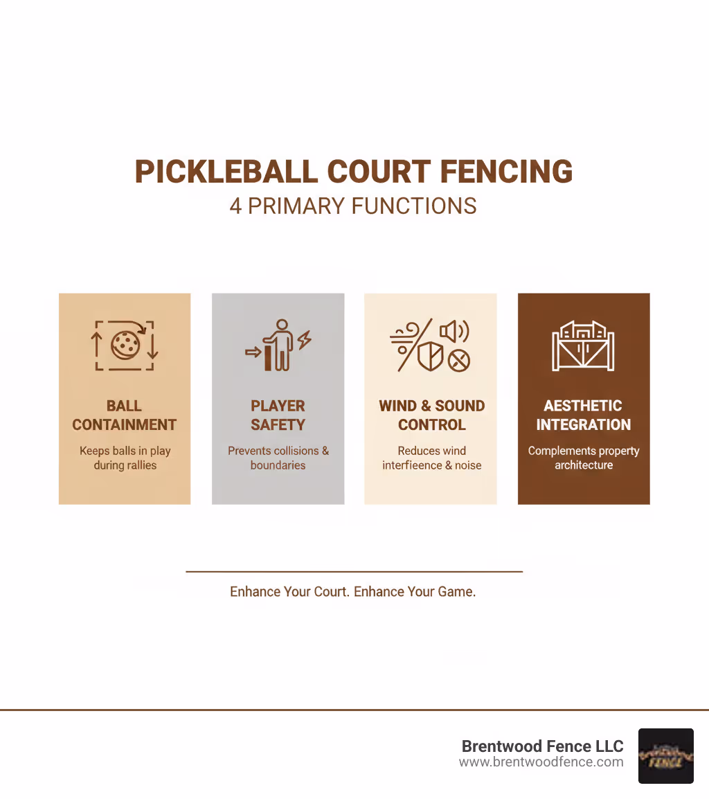 Infographic showing the 4 primary functions of pickleball court fencing: Ball Containment (keeping pickleballs within the playing area during fast-paced rallies), Player Safety (preventing collisions with fixed objects and defining safe boundaries), Wind and Sound Control (reducing wind interference with ball flight and suppressing noise by up to 50% with specialized systems), and Aesthetic Integration (complementing property architecture with customizable colors, heights, and materials that enhance curb appeal) - Pickleball Court Fencing infographic Infographic showing the 4 primary functions of pickleball court fencing: Ball Containment (keeping pickleballs within the playing area during fast-paced rallies), Player Safety (preventing collisions with fixed objects and defining safe boundaries), Wind and Sound Control (reducing wind interference with ball flight and suppressing noise by up to 50% with specialized systems), and Aesthetic Integration (complementing property architecture with customizable colors, heights, and materials that enhance curb appeal) - Pickleball Court Fencing infographic