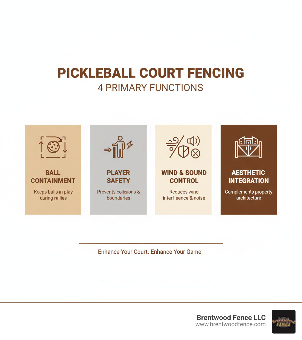 Infographic showing the 4 primary functions of pickleball court fencing: Ball Containment (keeping pickleballs within the playing area during fast-paced rallies), Player Safety (preventing collisions with fixed objects and defining safe boundaries), Wind and Sound Control (reducing wind interference with ball flight and suppressing noise by up to 50% with specialized systems), and Aesthetic Integration (complementing property architecture with customizable colors, heights, and materials that enhance curb appeal) - Pickleball Court Fencing infographic Infographic showing the 4 primary functions of pickleball court fencing: Ball Containment (keeping pickleballs within the playing area during fast-paced rallies), Player Safety (preventing collisions with fixed objects and defining safe boundaries), Wind and Sound Control (reducing wind interference with ball flight and suppressing noise by up to 50% with specialized systems), and Aesthetic Integration (complementing property architecture with customizable colors, heights, and materials that enhance curb appeal) - Pickleball Court Fencing infographic