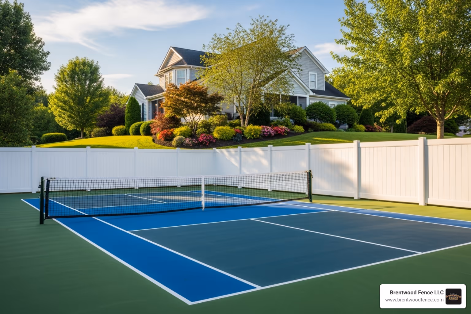 white solid vinyl fence around a residential pickleball court - Pickleball Court Fencing white solid vinyl fence around a residential pickleball court - Pickleball Court Fencing