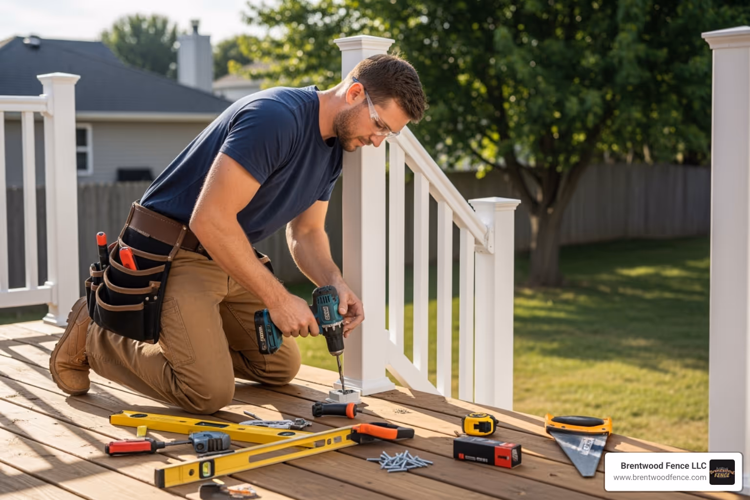 Contractor installing vinyl rail on a deck - vinyl railing price per foot