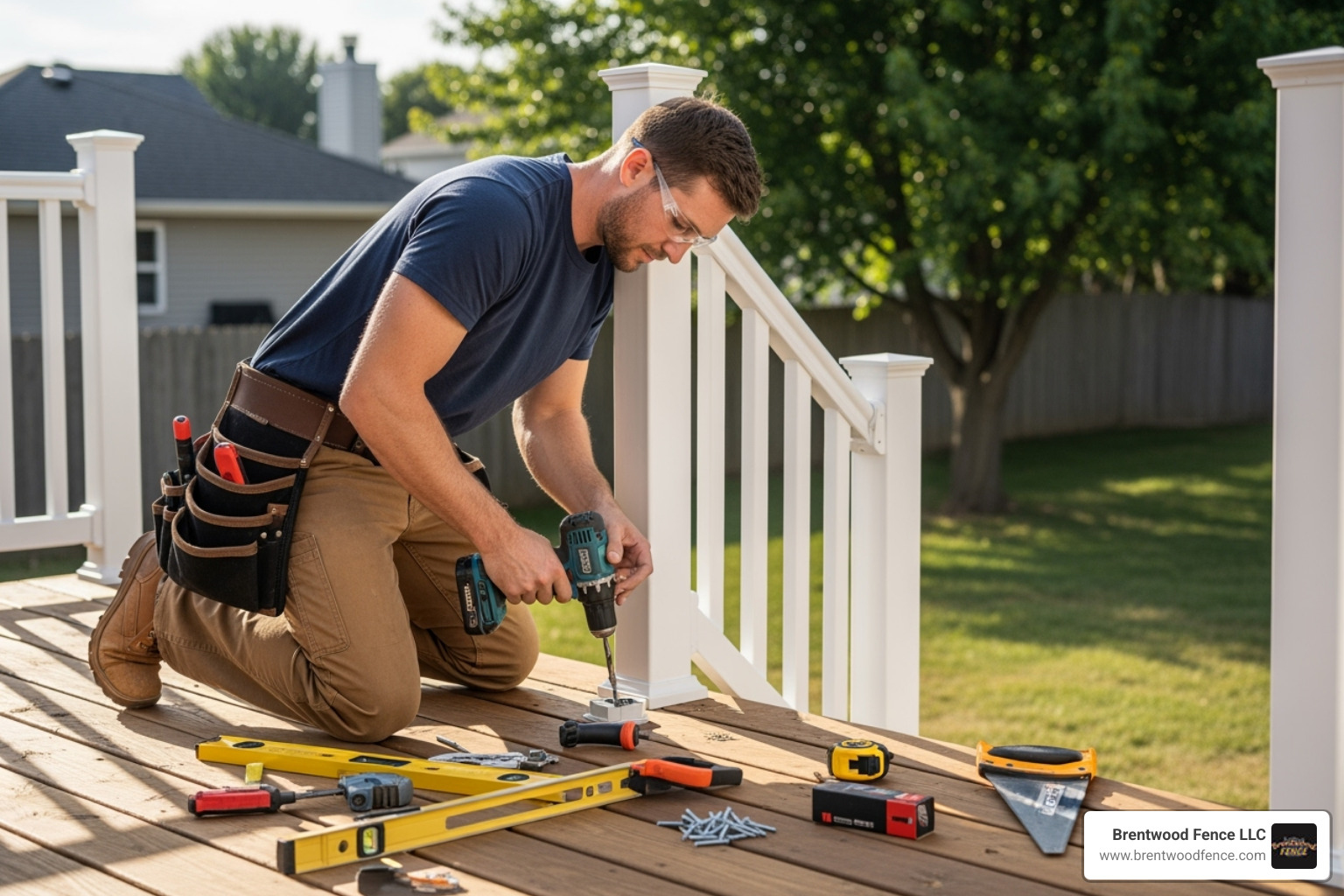 Contractor installing vinyl rail on a deck - vinyl railing price per foot