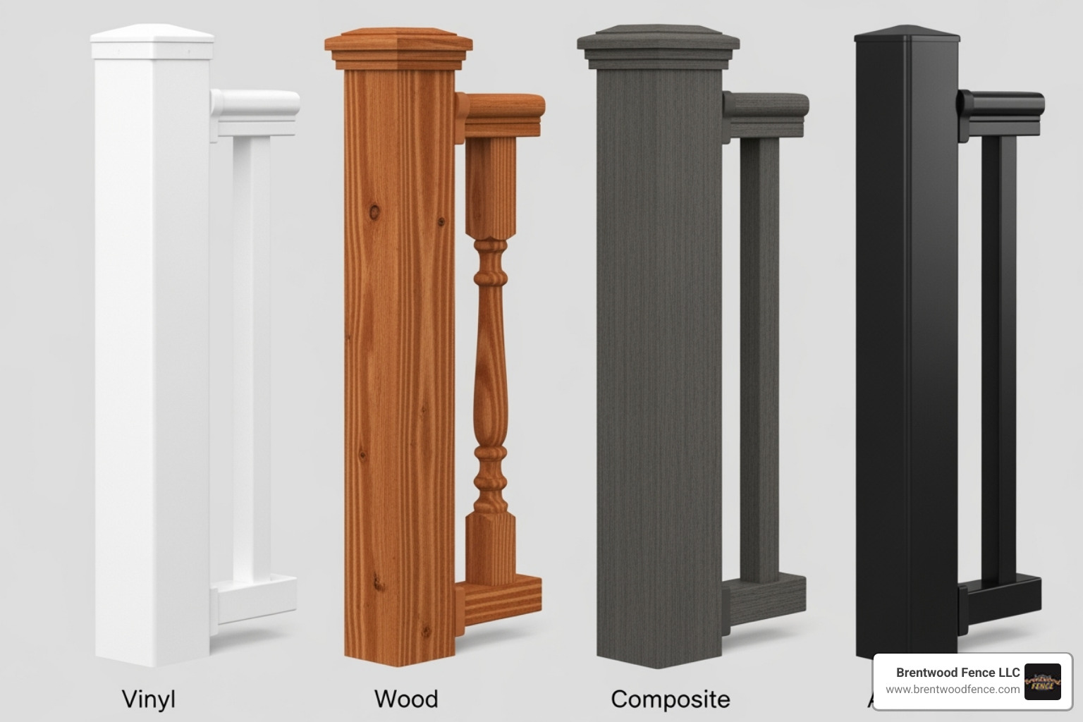 Side-by-side comparison of vinyl, wood, composite, and aluminum railing samples - vinyl railing price per foot