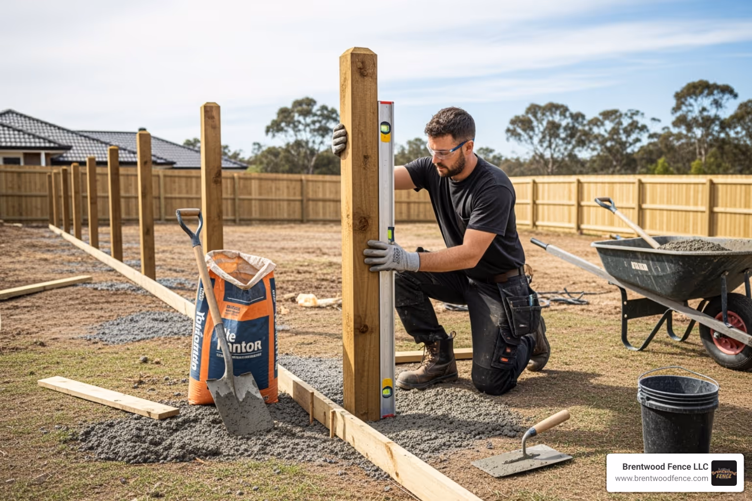 professional installer setting a gate post in concrete - wooden gate installation