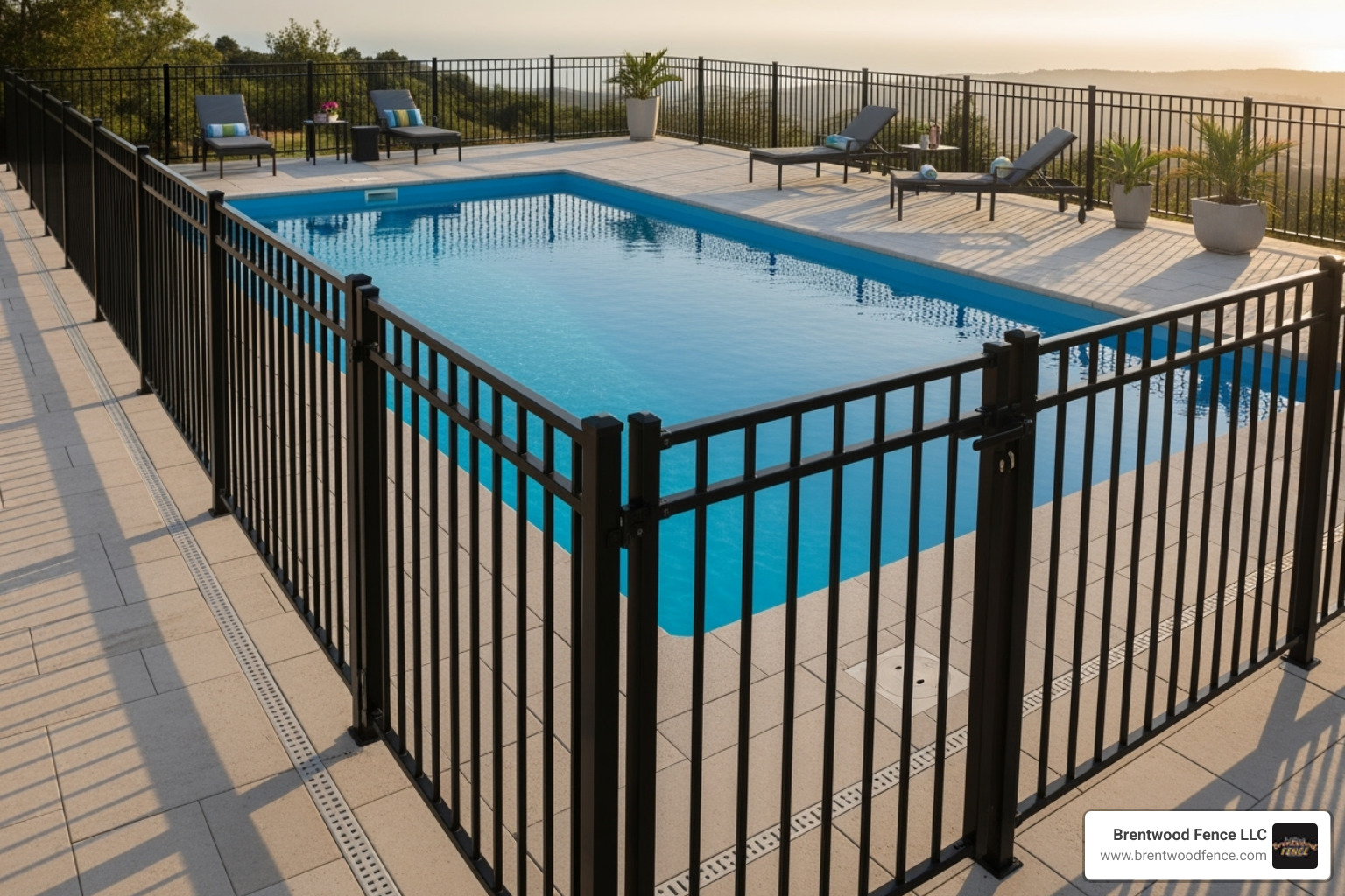 A sleek black aluminum fence surrounding a pristine swimming pool - fence companies in southern nh A sleek black aluminum fence surrounding a pristine swimming pool - fence companies in southern nh