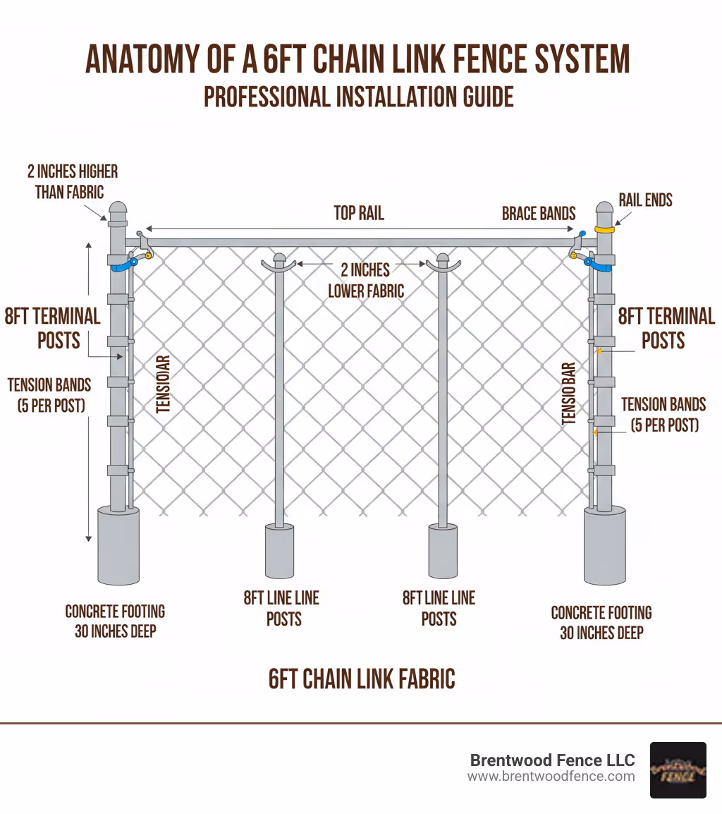 Detailed infographic showing the anatomy of a 6ft chain link fence system including 8ft terminal posts set 2 inches higher than fabric, 8ft line posts set 2 inches lower than fabric, top rail, 6ft chain link fabric, tension bands (5 per terminal post), brace bands, rail ends, post caps, tension bars, and concrete footings 30 inches deep - 6ft chain link fence installation infographic Detailed infographic showing the anatomy of a 6ft chain link fence system including 8ft terminal posts set 2 inches higher than fabric, 8ft line posts set 2 inches lower than fabric, top rail, 6ft chain link fabric, tension bands (5 per terminal post), brace bands, rail ends, post caps, tension bars, and concrete footings 30 inches deep - 6ft chain link fence installation infographic