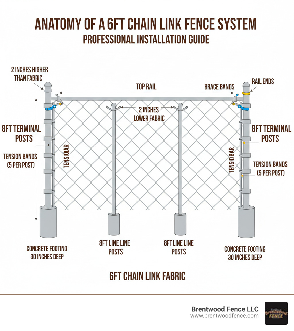 Detailed infographic showing the anatomy of a 6ft chain link fence system including 8ft terminal posts set 2 inches higher than fabric, 8ft line posts set 2 inches lower than fabric, top rail, 6ft chain link fabric, tension bands (5 per terminal post), brace bands, rail ends, post caps, tension bars, and concrete footings 30 inches deep - 6ft chain link fence installation infographic Detailed infographic showing the anatomy of a 6ft chain link fence system including 8ft terminal posts set 2 inches higher than fabric, 8ft line posts set 2 inches lower than fabric, top rail, 6ft chain link fabric, tension bands (5 per terminal post), brace bands, rail ends, post caps, tension bars, and concrete footings 30 inches deep - 6ft chain link fence installation infographic