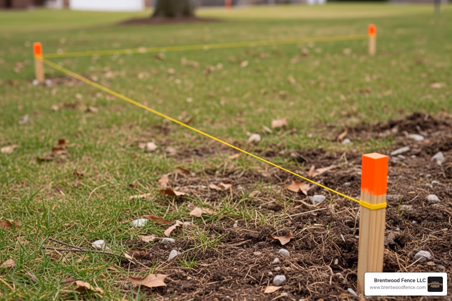 surveyor's stakes and mason's line marking a fence perimeter - 6ft chain link fence installation surveyor's stakes and mason's line marking a fence perimeter - 6ft chain link fence installation