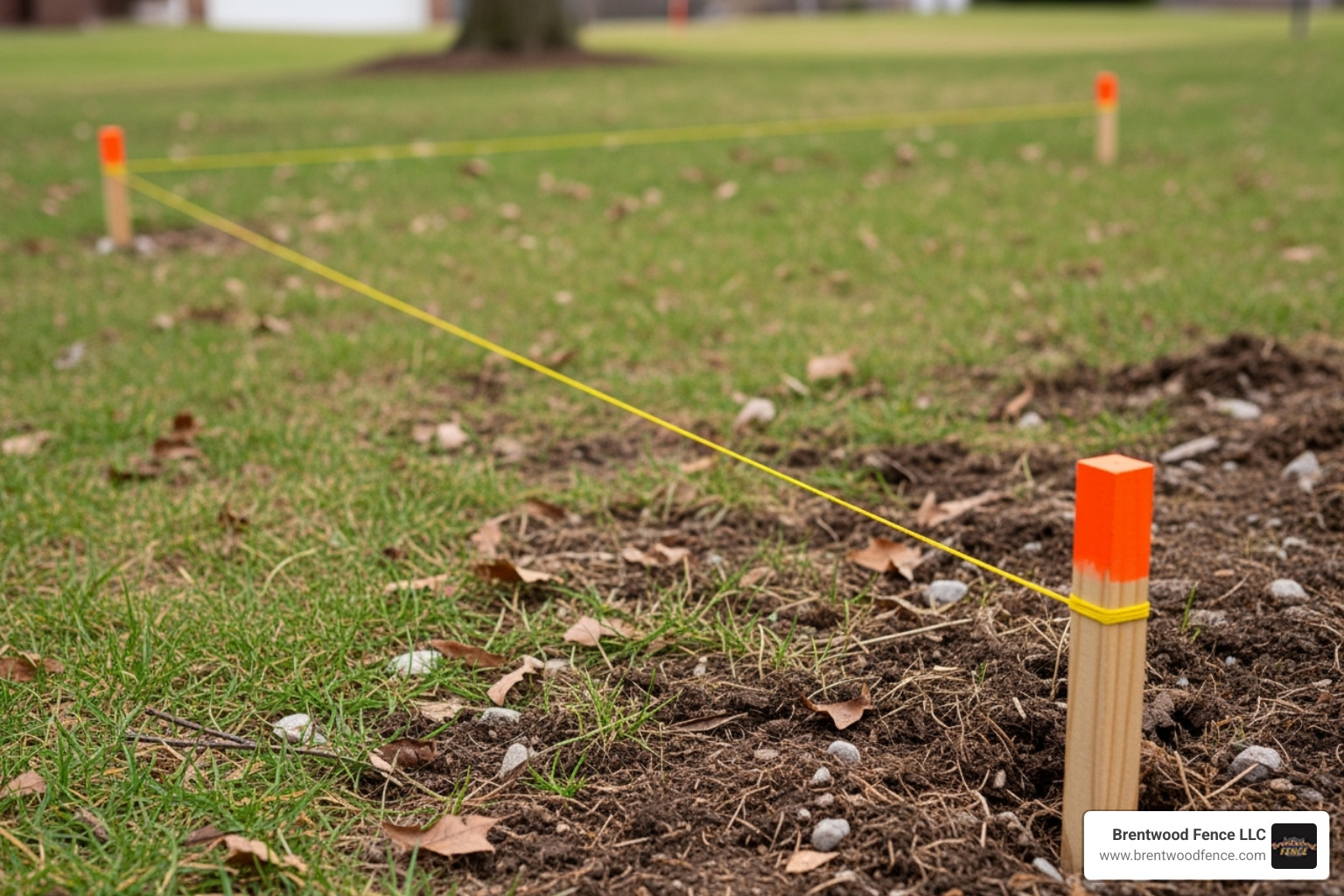 surveyor's stakes and mason's line marking a fence perimeter - 6ft chain link fence installation surveyor's stakes and mason's line marking a fence perimeter - 6ft chain link fence installation