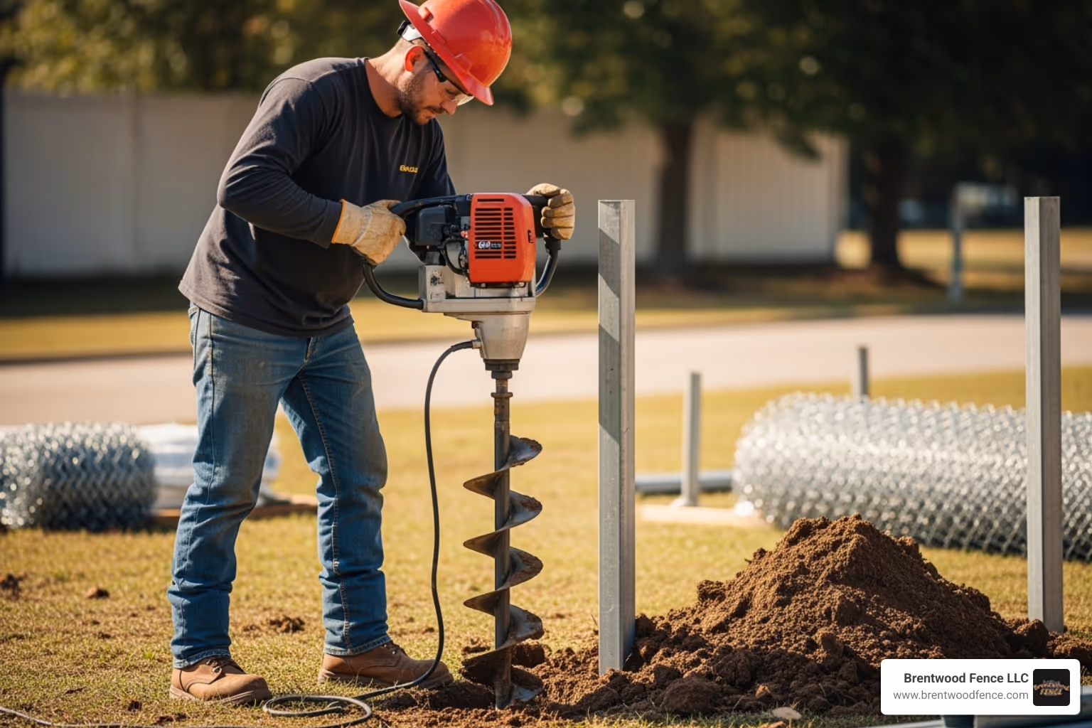 fence installer using a power auger to dig a post hole - 6ft chain link fence installation fence installer using a power auger to dig a post hole - 6ft chain link fence installation