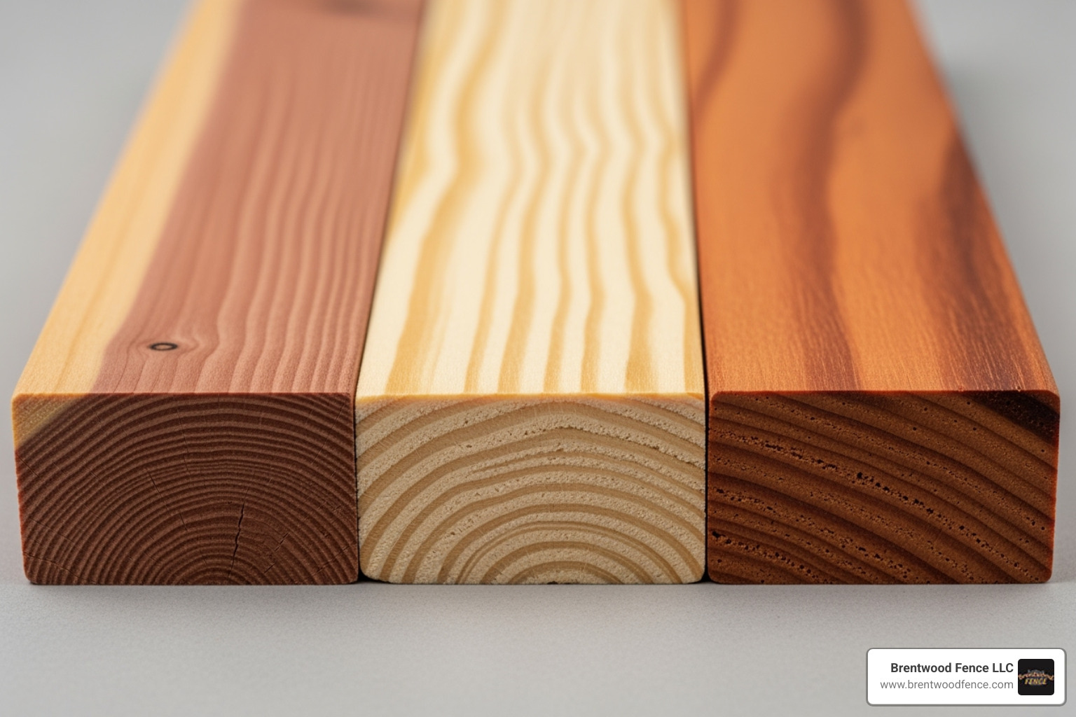 a close-up image of different wood grains including cedar, pine, and redwood - wooden fence installers in my area