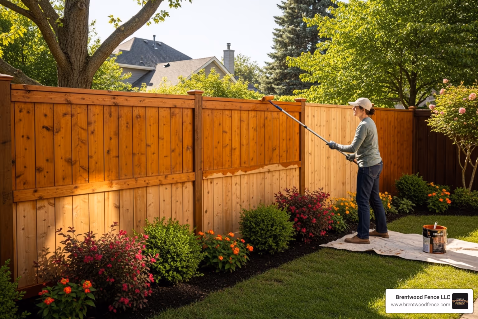 a homeowner staining a wooden fence - wooden fence installers in my area a homeowner staining a wooden fence - wooden fence installers in my area